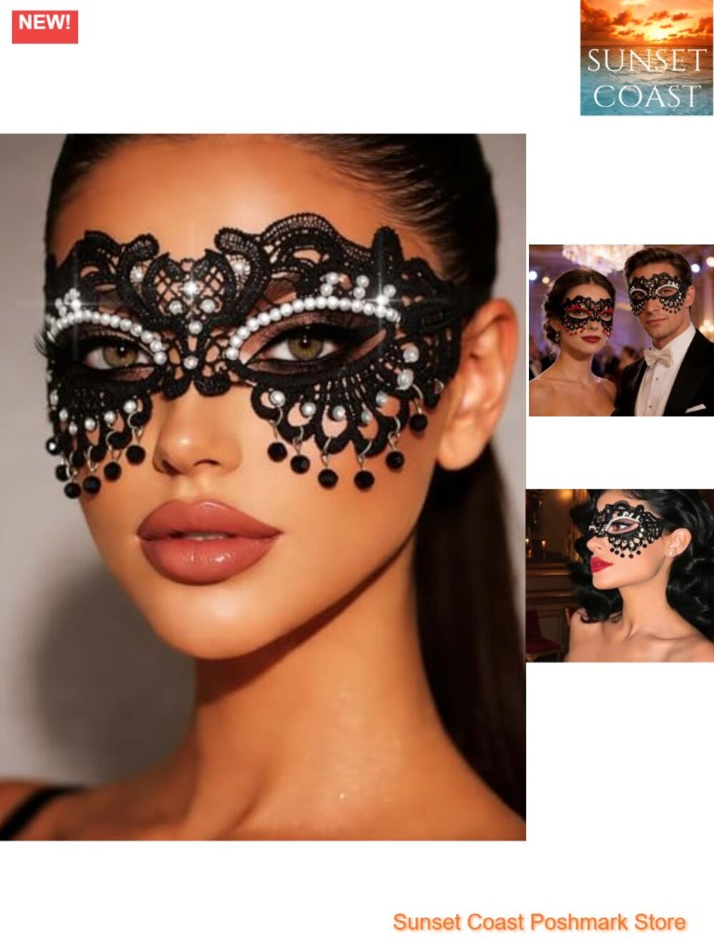 Lace Masquerade Mask with Rhinestones for Women Adjustable Ribbon Mardi Gras